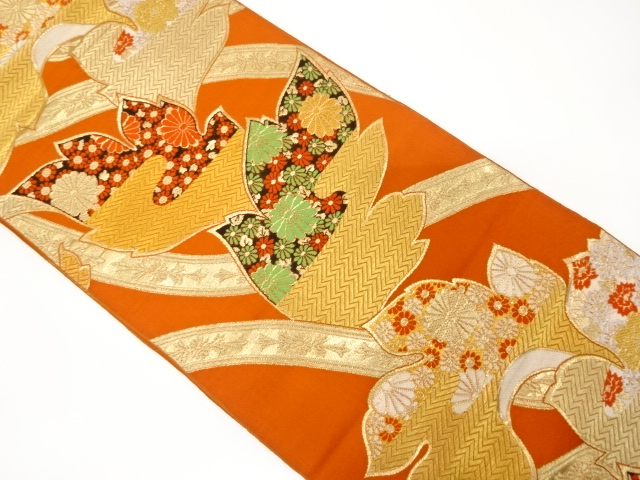 JAPANESE KIMONO / ANTIQUE FUKURO OBI / SILK / WOVEN LEAVES